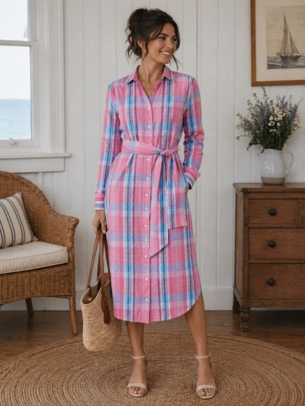 J. Crew Shirt Dress Women’s Size 4 Pink Plaid Tie Waist Button Midi Shirt Dress